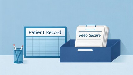 Organized workspace with patient record form and secure file box on light blue background for medical documentation needs