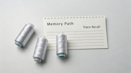 Silver Thread Spools with Note Card Showcasing Memory Path Concept for Creative Projects and Crafting Inspiration