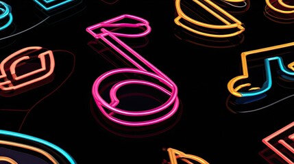 Musical notation shapes glow with bright neon light against a dark reflective surface.