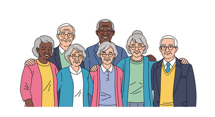 A diverse and happy group of elderly men and women standing together with their arms around each other, smiling warmly.