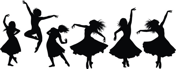 Dynamic Silhouettes of Female Dancers in Flowing Dresses Capturing Expressive Movement, Grace, and Artistic Energy for Dance Concepts