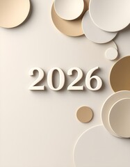 Refined abstract 2026 background design using sculpted discs muted ivory gold palette and cinematic minimal celebration mood