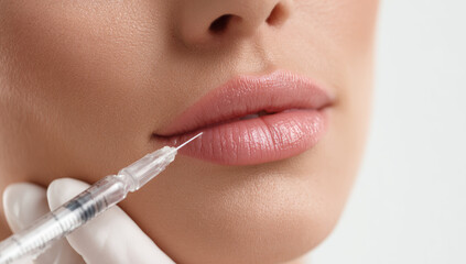A woman's lips receiving lip enhancement injection with a syringe, showing smooth, pink lips and medical procedure in progress