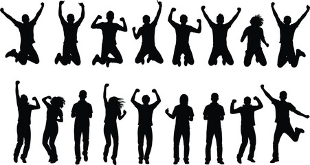 Energetic group of diverse people jumping and celebrating in silhouette style, expressing joy, teamwork, success, and positive human emotions.