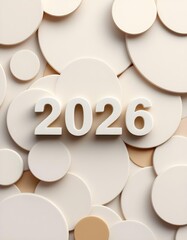 Minimal abstract 2026 celebratory background with ceramic discs and pale gold tones creating refined modern holiday design composition