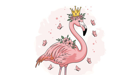Naklejka premium A majestic pink flamingo wearing a golden crown and a floral wreath, surrounded by delicate pink butterflies on a watercolor background.