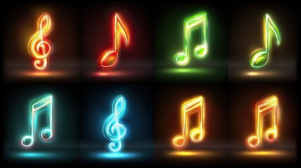Eight glowing musical symbols illuminate a dark background with various vibrant colors
