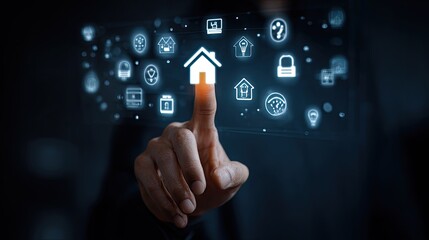 Obraz premium Human finger interacts with illuminated digital interface displaying various household management symbols