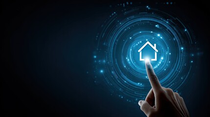 Human finger interacts with glowing digital home icon on abstract futuristic background