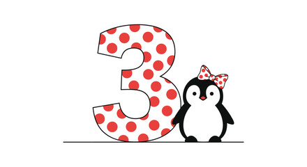 An adorable cartoon penguin with a polka-dot bow stands next to the number three for a child's third birthday celebration.