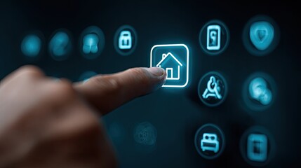 Human finger interacts with illuminated digital interface displaying home automation icons