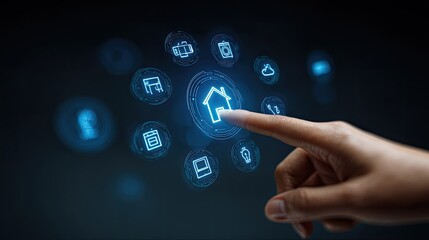 Human finger interacts with glowing digital interface displaying connected household automation icons