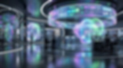 Blurry holographic display with glowing iridescent colors and futuristic technology in a dark room with metallic surfaces and reflections