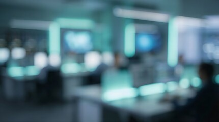 Blurred office interior with people working at computer desks in a modern workplace with blue and green ambient lighting and multiple monitors