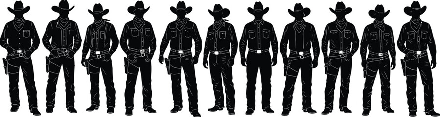 Silhouettes of ten cowboys in traditional Western attire standing in a row, symbolizing unity, culture, and frontier heritage