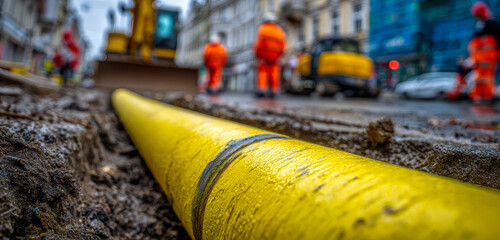 A yellow plastic water pipe lying on a construction site with workers and vehicles in the background
