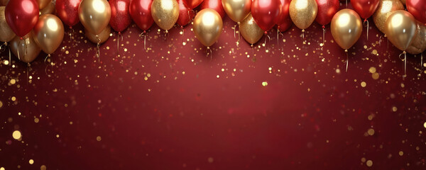 Red, gold balloons float with shimmering gold confetti against deep red background. Image conveys festive atmosphere for celebrations like birthdays, anniversaries, parties, suggesting joy,