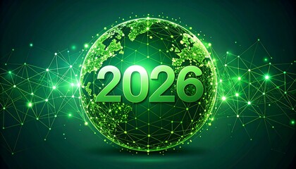 Futuristic green globe with 2026 overlay and dynamic network connections