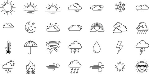 Weather and climate line icons set featuring sun, clouds, rain, storm, wind, temperature, forecast, and seasonal meteorology symbols