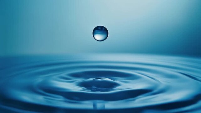 A single crystal-clear drop of water falling into a perfectly still pool, captured in ultra