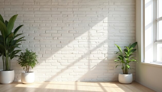 Sunlit room with white brick wall and potted plants. Wooden floor casts shadow patterns from window. Clean, modern, neutral space for virtual meetings or presentations.