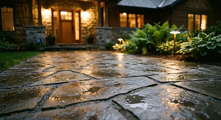 Luxury house exterior with wet stone driveway at night.