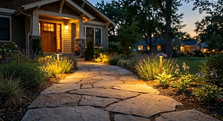 Beautifully lit stone pathway leading to a cozy modern home at dusk.