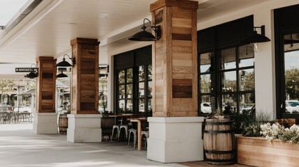 Naklejka premium Commercial building exterior features rustic wooden pillars and storefront windows along a pedestrian walkway