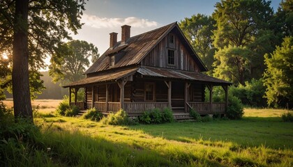 Fototapeta premium Rustic wooden house nestled in a lush green landscape with a porch and chimney under a sunny sky.
