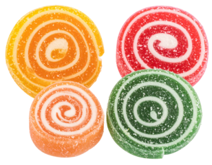 Four vibrant, swirled fruit jellies dusted with sugar