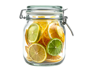 Glass jar filled with dried citrus slices of lemon and lime