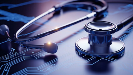 Futuristic Medical Technology and Healthcare Concept with Stethoscope on Digital Circuit Background