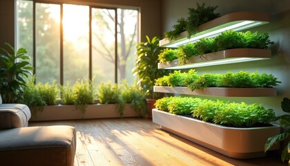 Vertical indoor garden with LED lights grows fresh greens in apartment. Sunlight streams through window onto rich plants. Sustainable urban farming system provides healthy food.