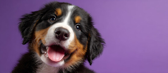 Adorable australian shepherd puppy with fluffy black, white, and tan fur, joyful expression, tongue out, against a vibrant purple background