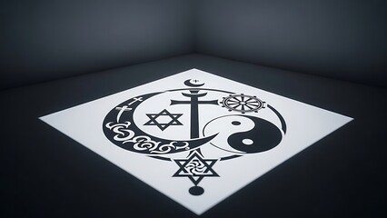 Illuminated Square with Religious and Spiritual Symbols in Dark Room