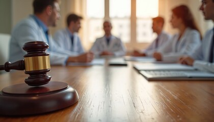 Medical experts in white coats sit at a table in a meeting room. A gavel rests on the wood surface. They discuss healthcare law policy and decisions with teamwork. Professionals confer on justice.