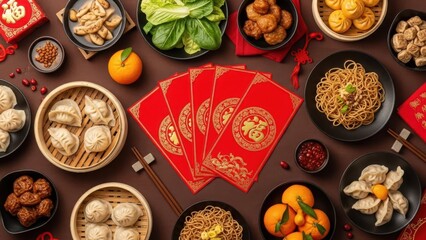 Traditional chinese new year food and red envelopes on table