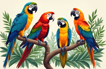 Naklejka premium Four colorful macaws perch on a tree branch with rich tropical foliage. These vibrant birds showcase blue, yellow, and red plumage. Naturalistic illustration style is great for decor.