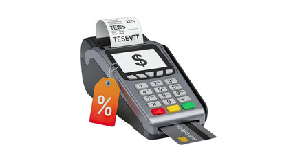 3D Payment Terminal with Credit Card and Discount Tag on transparent background