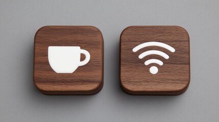 Two small square wooden tiles displaying white icons for a beverage service and wireless connectivity are set against a muted gray background.