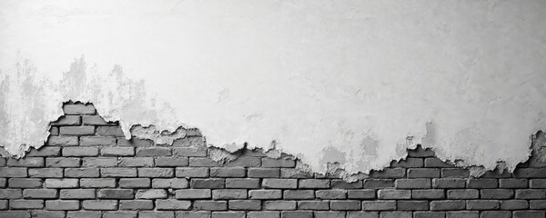 Closeup of damaged brick wall facade with peeling plaster revealing aged bricks. Textured background shows rough cement surface and weathered masonry. Urban grunge pattern.