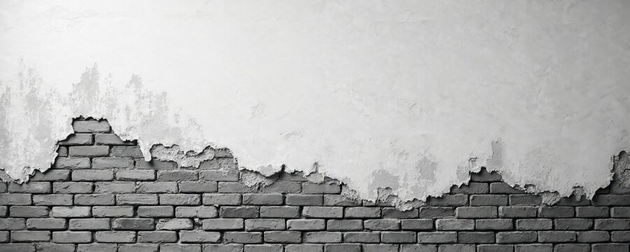 Closeup of damaged brick wall facade with peeling plaster revealing aged bricks. Textured background shows rough cement surface and weathered masonry. Urban grunge pattern. - Powered by Adobe