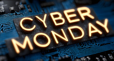 Glowing Cyber Monday text on a blue circuit board background, representing online shopping sales and digital marketing for holiday promotions.