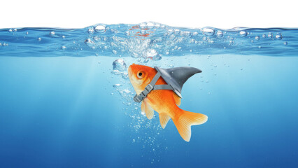 Goldfish Wearing A Shark Fin Costume Swimming In Blue Water With Bubbles image photo