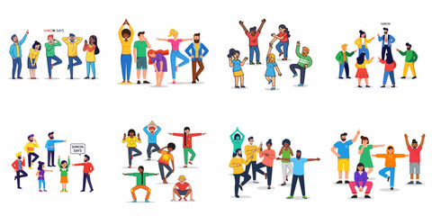 Fototapeta premium Simon Says game illustrations collection featuring diverse groups of people following instructions, exercising, pointing, and dancing together.