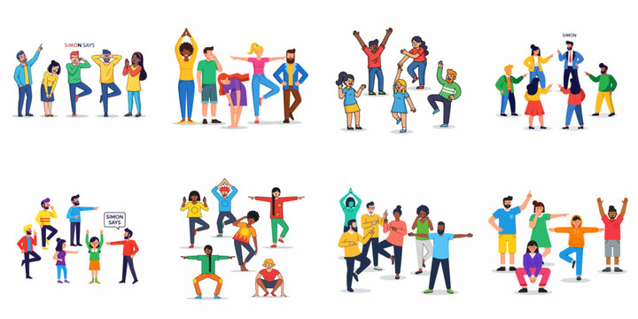 Simon Says game illustrations collection featuring diverse groups of people following instructions, exercising, pointing, and dancing together.