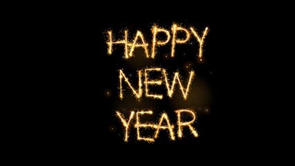 Celebration text "Happy New Year" written in glowing golden sparkler effects. A classic and energetic visual for countdowns, social media posts, and New Year’s Eve event promotions