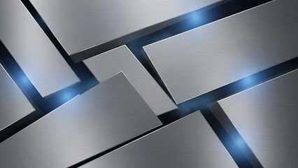 Futuristic abstract metallic background with brushed silver plates and glowing blue light accents, tech design