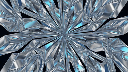 Dynamic silver and blue metallic facets create a futuristic abstract geometric crystal explosion pattern