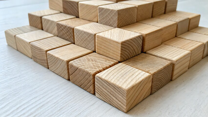 Pyramid of wooden cubes on a white surface in a studio setting